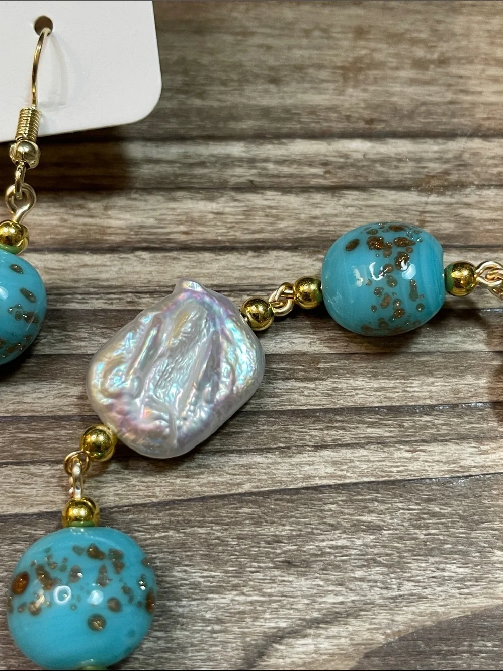 Turquoise Glass Beaded Necklace Earring Set Gold Speckled Baroque Pearl Real